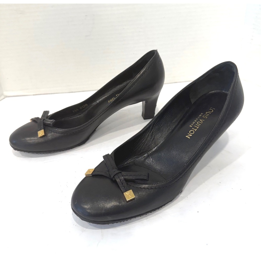 Louis Vuitton Black Leather Bow Detail Gold Hardware Rubber Bottom Pump Shoes 5